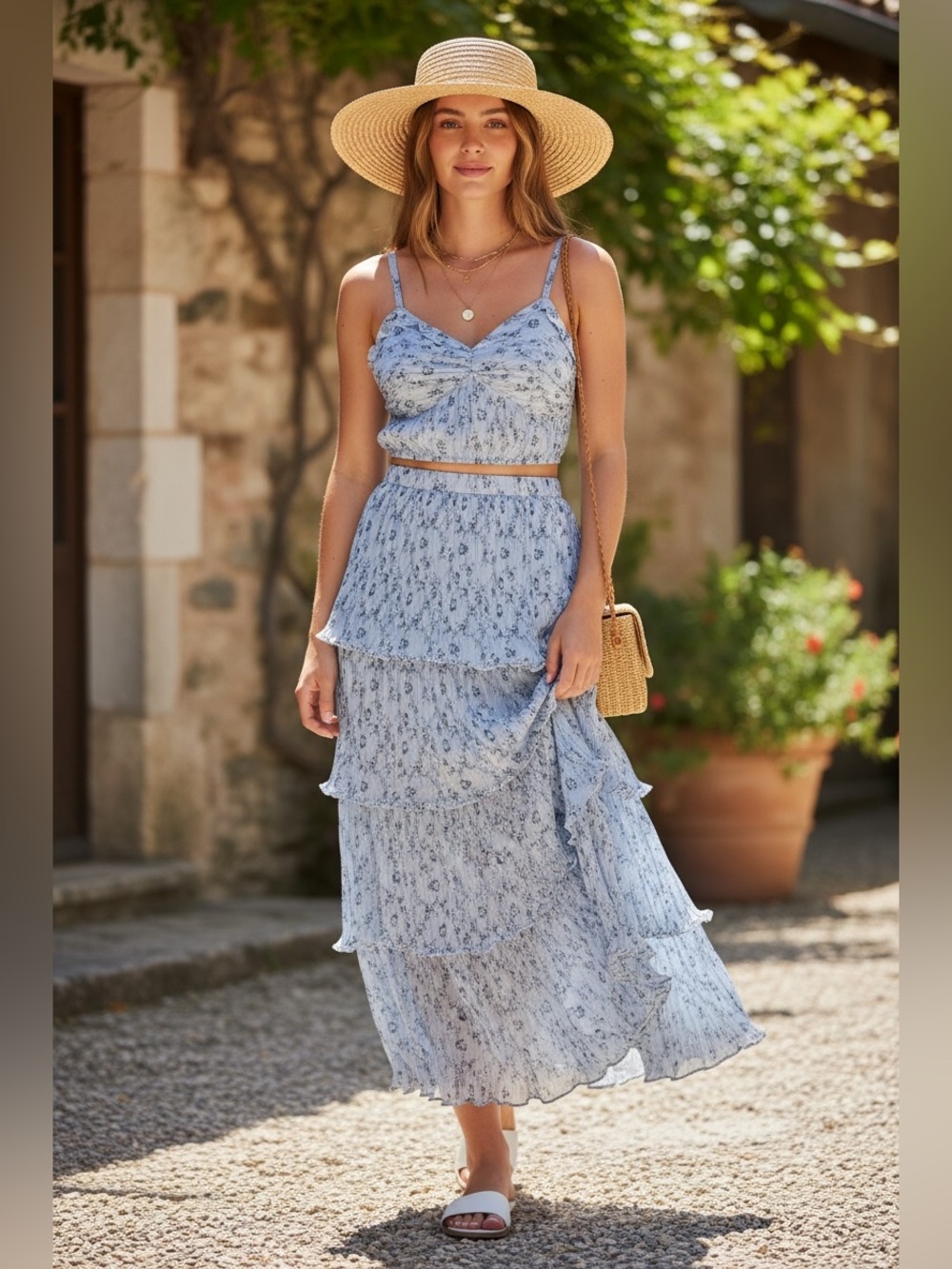 Anthro x Let Me Be| Blue Floral Tiered Skirt Set| NWT| Large| Cottagecore Boho